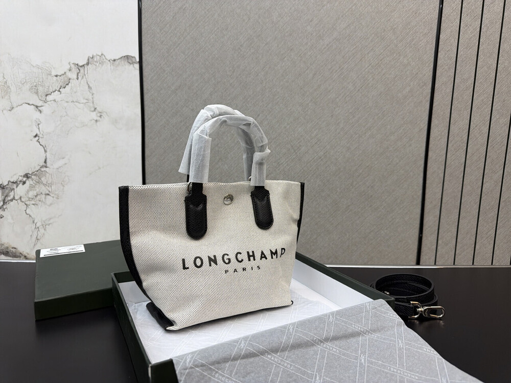 Longchamp Paris Canvas Tote Bag Beige Black Trim Large Shoulder Shopper